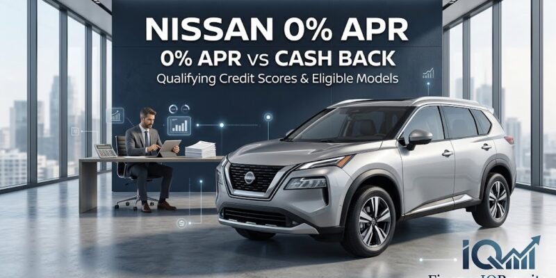 Nissan 0% APR vs Cash Back financing options compared in a modern dealership setting with credit requirements and eligible models.
