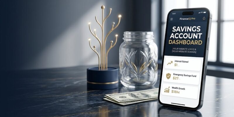 Premium high yield savings account dashboard on a smartphone displaying interest gained and emergency fund growth. Benefit of a Savings Account