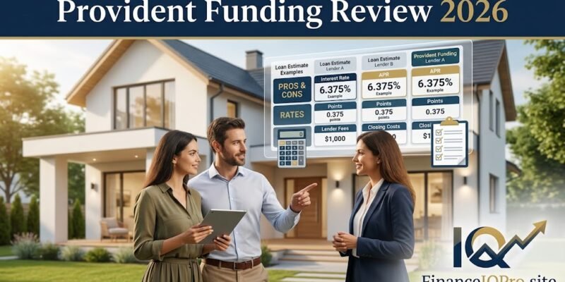 Provident Funding mortgage review and home loan rates comparison infographic with a modern U.S. house and professional financial advisors.
