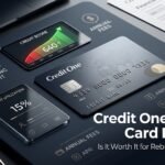 Credit One credit card on a dark desk with credit score and utilization displays, illustrating a Credit One credit card review on whether it's worth it for rebuilding credit.