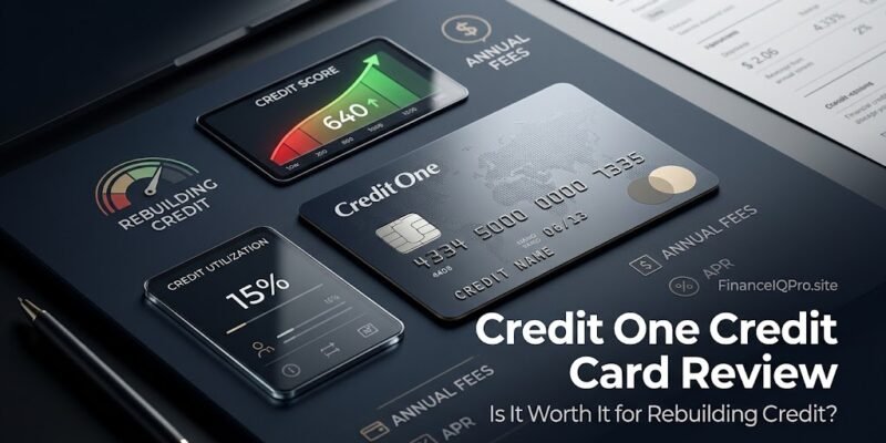 Credit One credit card on a dark desk with credit score and utilization displays, illustrating a Credit One credit card review on whether it's worth it for rebuilding credit.