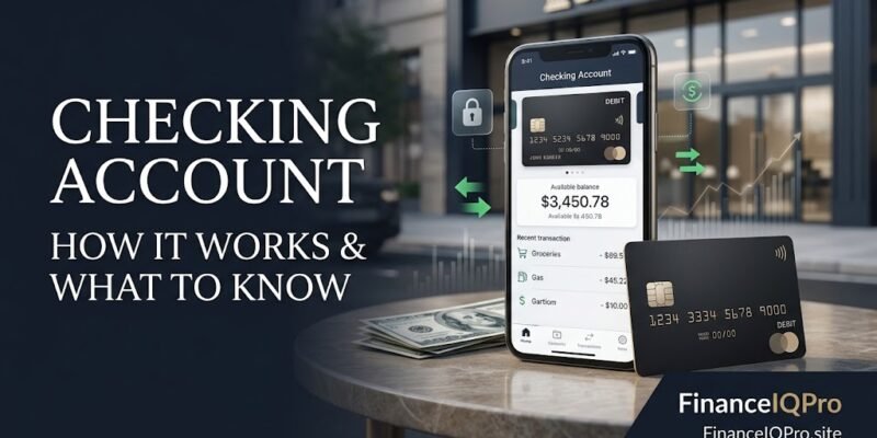 Checking account guide showing a modern U.S. checking account, debit card, mobile banking, and everyday money management in 2026.