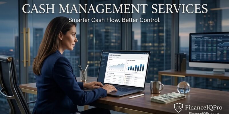 Corporate finance executive analyzing corporate cash management services dashboard on a sleek laptop in a modern office, featuring real-time liquidity tracking and FinanceIQPro branding.