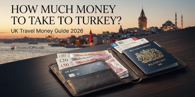 UK passport, travel wallet with British pounds and Turkish lira on a desk overlooking the Istanbul skyline, representing a guide on how much money to take to Turkey from UK.