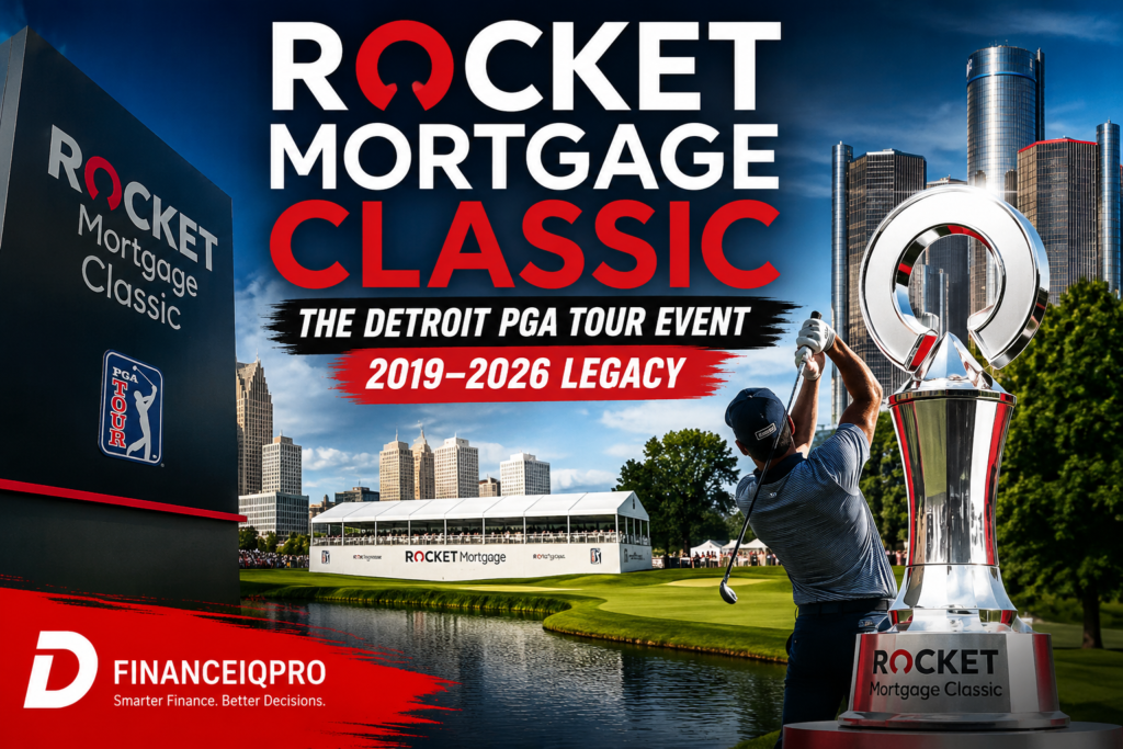Rocket Mortgage Classic featured image showing a professional golfer, championship trophy, Detroit skyline, and the FinanceIQPro website branding.