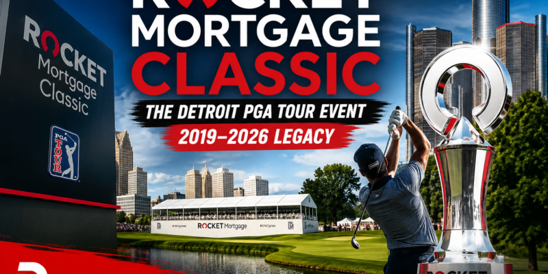 Rocket Mortgage Classic featured image showing a professional golfer, championship trophy, Detroit skyline, and the FinanceIQPro website branding.
