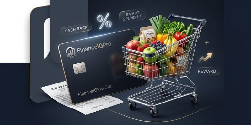A sleek, dark navy editorial featured image for a financial article titled "Best Credit Card for Food Shopping: 7 Top Picks for 2026." The scene features a modern credit card displaying the FinanceIQPro logo and website address "FinanceIQPro.site," positioned next to a miniature shopping cart filled with fresh fruits, vegetables, and groceries alongside floating digital cash back and reward percentage icons.best credit card for food shopping