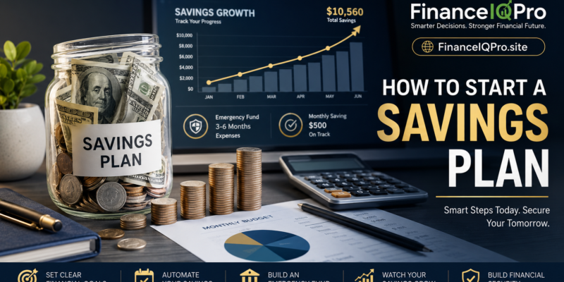 How to start a savings plan with a savings jar, U.S. dollar bills, coins, monthly budget, calculator, and financial growth chart.