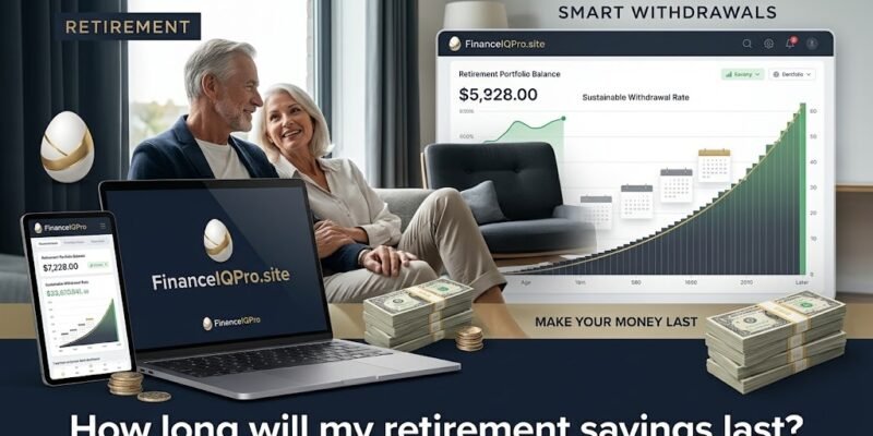 Premium retirement financial planning dashboard and a retired couple in a modern home discussing portfolio longevity with FinanceIQPro.site branding, illustrating how long will money last in retirement.