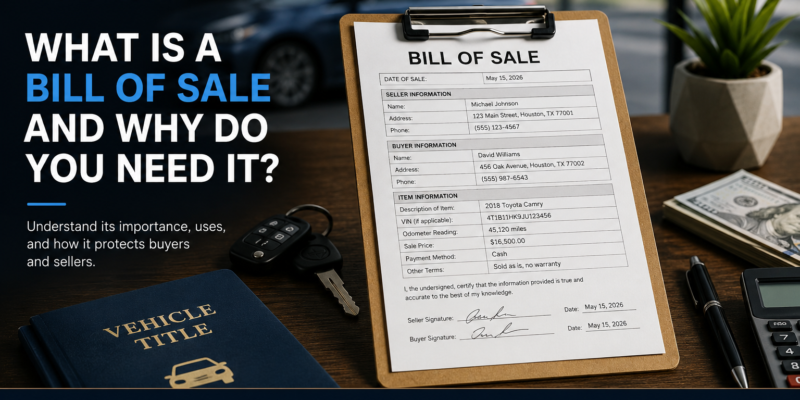 What is a bill of sale and why do you need it? Complete bill of sale document showing a private vehicle sale, buyer and seller details, sale price, vehicle title, and signatures.