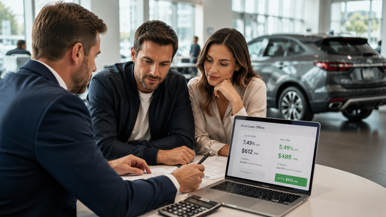 Alt Text: Customer comparing car financing rates with a finance professional to learn how to lower your average monthly car payment.