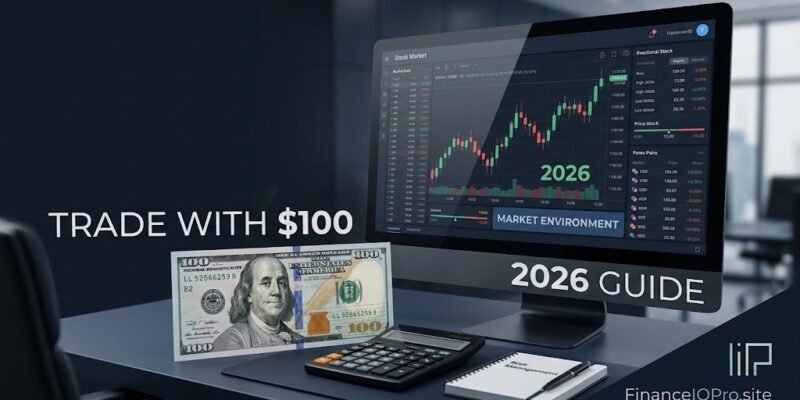 Stock market trading interface on a laptop screen with a $100 bill and calculator on a desk, representing how to start trading in 2026 with small capital.