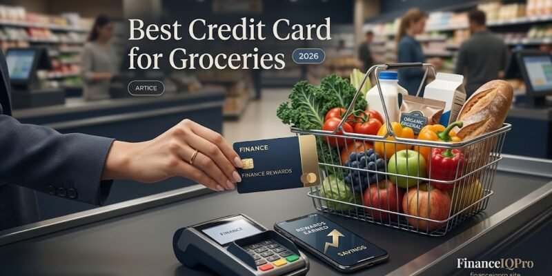 Text: Best credit card for groceries in 2026 with cash-back rewards, supermarket shopping, and premium credit card comparison