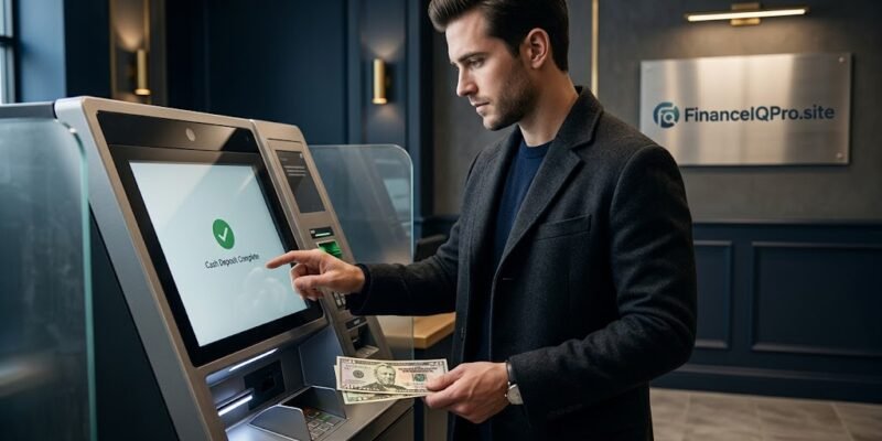 odern bank customer making a cash deposit at a real-world ATM with a confirmation screen, featuring FinanceIQPro branding for a guide on how to deposit cash into an ATM.