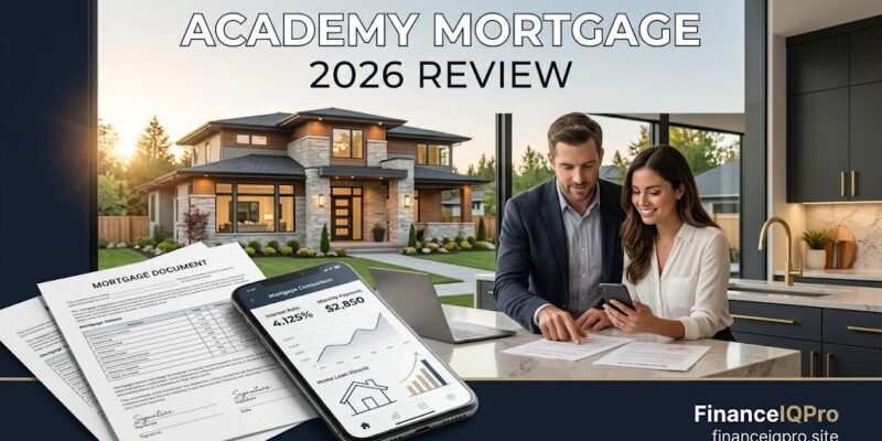 Academy Mortgage review 2026 showing a homebuyer comparing mortgage rates, home loan options, and financing costs with FinanceIQPro branding.