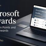 Laptop on a navy desk displaying a Microsoft Rewards points dashboard next to the text "Microsoft Rewards: How to Earn Points and Redeem Rewards" by FinanceIQPro.site.