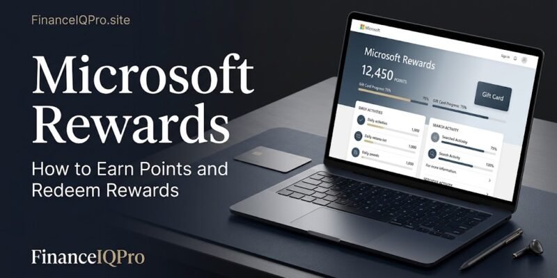 Laptop on a navy desk displaying a Microsoft Rewards points dashboard next to the text "Microsoft Rewards: How to Earn Points and Redeem Rewards" by FinanceIQPro.site.