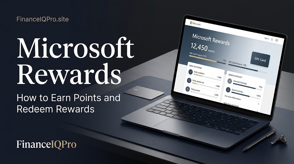 Laptop on a navy desk displaying a Microsoft Rewards points dashboard next to the text "Microsoft Rewards: How to Earn Points and Redeem Rewards" by FinanceIQPro.site.