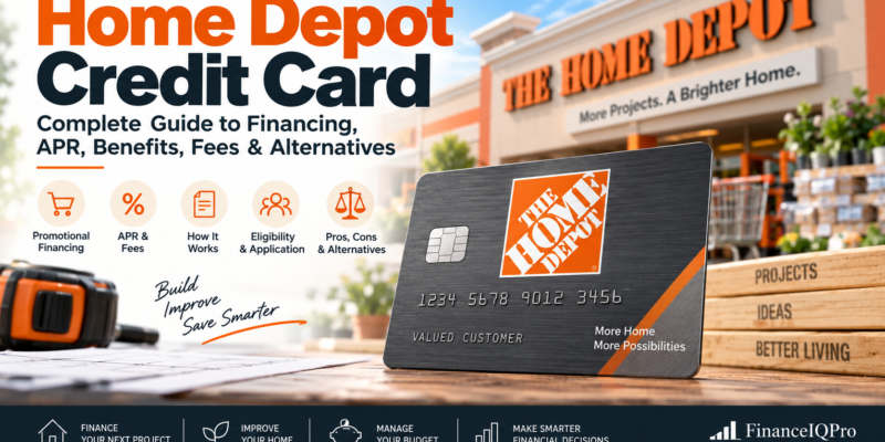 Home Depot credit card financing guide showing APR, promotional financing, benefits, fees, and home improvement costs | FinanceIQPro