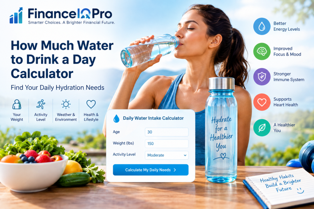 How much water to drink a day calculator showing daily hydration needs based on weight, activity level, and lifestyle.