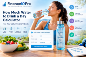 How much water to drink a day calculator showing daily hydration needs based on weight, activity level, and lifestyle.