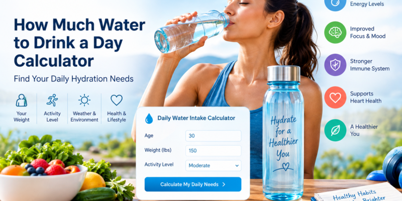 How much water to drink a day calculator showing daily hydration needs based on weight, activity level, and lifestyle.