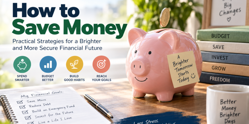 Text: How to save money with a monthly budget, emergency fund, automatic savings, and personal finance planning