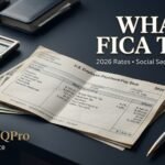 A financially comfortable retired American couple in their 60s sitting together at a dark wood table, reviewing financial paperwork and a laptop displaying a clean savings dashboard. Next to the couple is the article headline “Paying Tax on Savings When Retired” set in elegant dark navy typography. what is fica tax