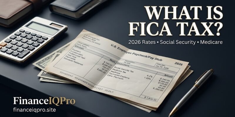A financially comfortable retired American couple in their 60s sitting together at a dark wood table, reviewing financial paperwork and a laptop displaying a clean savings dashboard. Next to the couple is the article headline “Paying Tax on Savings When Retired” set in elegant dark navy typography. what is fica tax