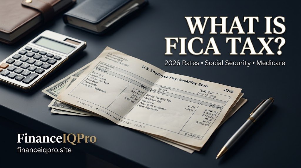A financially comfortable retired American couple in their 60s sitting together at a dark wood table, reviewing financial paperwork and a laptop displaying a clean savings dashboard. Next to the couple is the article headline “Paying Tax on Savings When Retired” set in elegant dark navy typography. what is fica tax