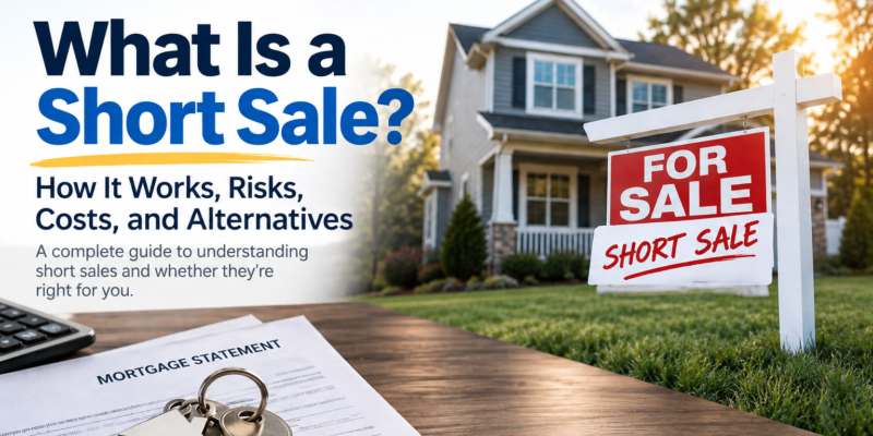 What is a short sale explained with a home for sale sign, mortgage documents, house keys, and real estate financial information